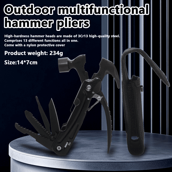 Arcticwind 12-in-1 Multi-Function Survival Hammer – Stainless Steel Claw Hammer, Outdoor Camping Tool w/ Tent Peg Puller, Car Emergency Window Breaker, DIY Compact Tactical Gear for Hiking, Black