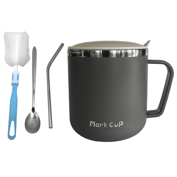 Arcticwind 14oz Mark Cup,Coffee Mug,304 Stainless Steel,Travel Cup,Mark Cup,Tumbler Cups,Double Wall Insulated Vacuum,with Handle,Lid,Straw,Spoon and Cup Brush,Thermal Cup for Home and Office,Grey