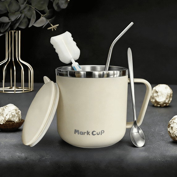 Arcticwind 14oz Mark Cup,Coffee Mug,304 Stainless Steel,Travel Cup,Mark Cup,Tumbler Cups,Double Wall Insulated Vacuum,with Handle,Lid,Straw,Spoon and Cup Brush,Thermal Cup for Home and Office,Beige