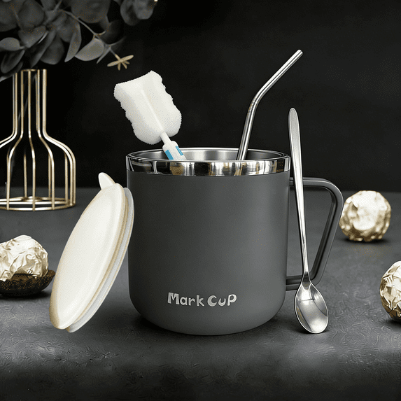 Arcticwind 14oz Mark Cup,Coffee Mug,304 Stainless Steel,Travel Cup,Mark Cup,Tumbler Cups,Double Wall Insulated Vacuum,with Handle,Lid,Straw,Spoon and Cup Brush,Thermal Cup for Home and Office,Grey