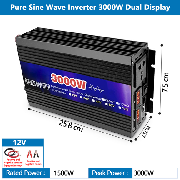 Arcticwind 3000W Pure Sine Wave Inverter, 12V, 50Hz,With With 2 sets of positive and negative input lines,Fast Charging,For Used for Solar Emergency Power Supply in RV Homes