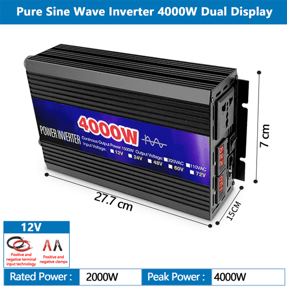 Arcticwind 4000W Pure Sine Wave Inverter, 12V, 50Hz,With 2 sets of positive and negative input lines,Fast Charging,For Used for Solar Emergency Power Supply in RV Homes