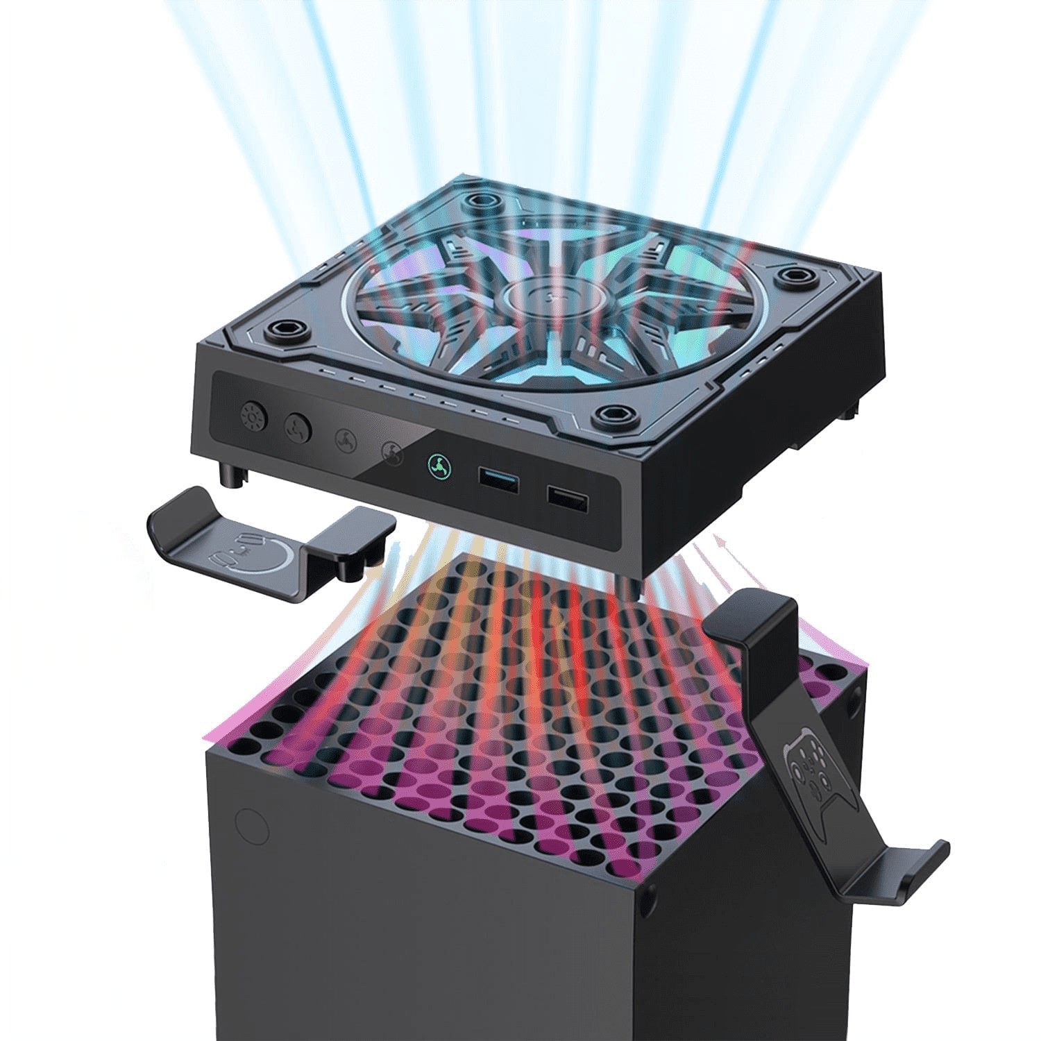 Arcticwind Cooling fan for Xbox Series X console, low-noise top fan with 3-speed settings, dustproof, Independent touch switch,featuring 6 RGB LED lighting modes, USB port, and headphone stand