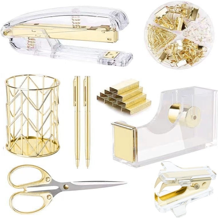 Arcticwind Desk Accessories Acrylic stapler set,staple remover,Phone Holder,Tape Dispenser,Tape/Pen Holder,Scissor,Ballpoint Pen,Binder Clips,Paper Clips and Staples.(8 piece imitation gold set)