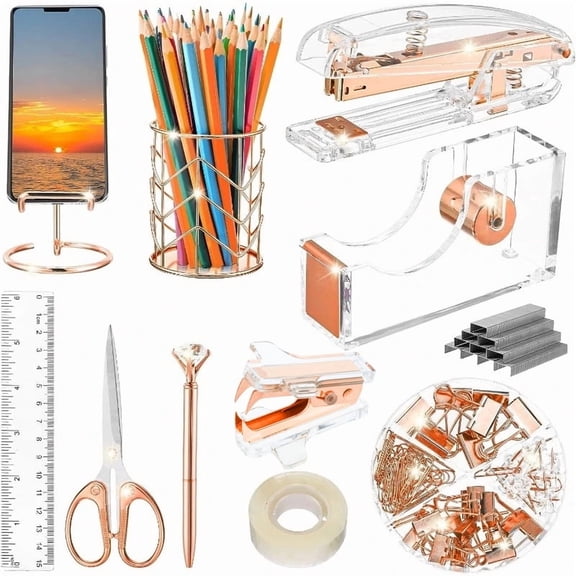 Arcticwind Desk Accessories Acrylic stapler set,staple remover,Phone Holder,Tape Dispenser,Tape/Pen Holder,Scissor,Ballpoint Pen,Binder Clips,Paper Clips and Staples.(11 piece Rose Gold set)