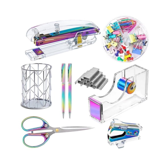 Arcticwind Desk Accessories Acrylic stapler set,staple remover,Phone Holder,Tape Dispenser,Tape/Pen Holder,Scissor,Ballpoint Pen,Binder Clips,Paper Clips and Staples.(8 piece Iridescent set)