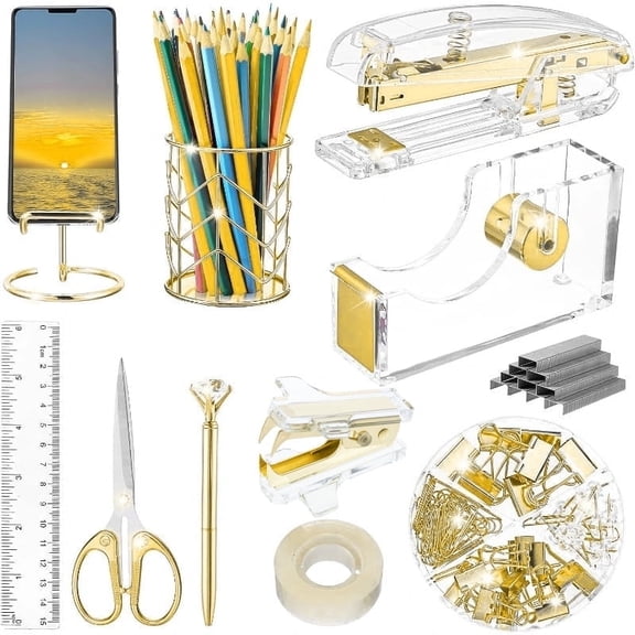 Arcticwind Desk Accessories Acrylic stapler set,staple remover,Phone Holder,Tape Dispenser,Tape/Pen Holder,Scissor,Ballpoint Pen,Binder Clips,Paper Clips and Staples.(11 piece imitation gold set)