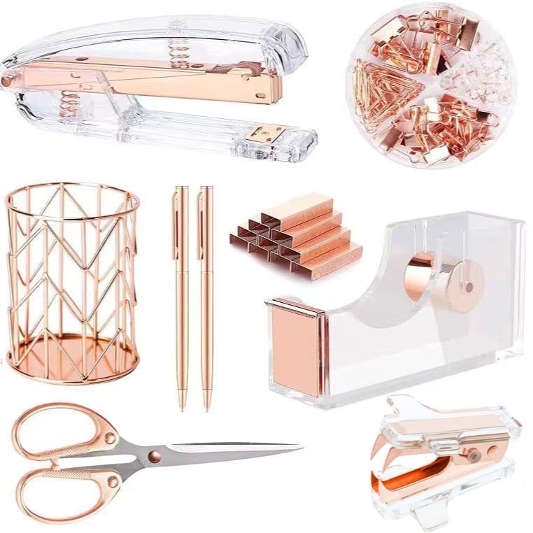 Arcticwind Desk Accessories Acrylic stapler set,staple remover,Phone Holder,Tape Dispenser,Tape/Pen Holder,Scissor,Ballpoint Pen,Binder Clips,Paper Clips and Staples.(8 piece Rose Gold set)
