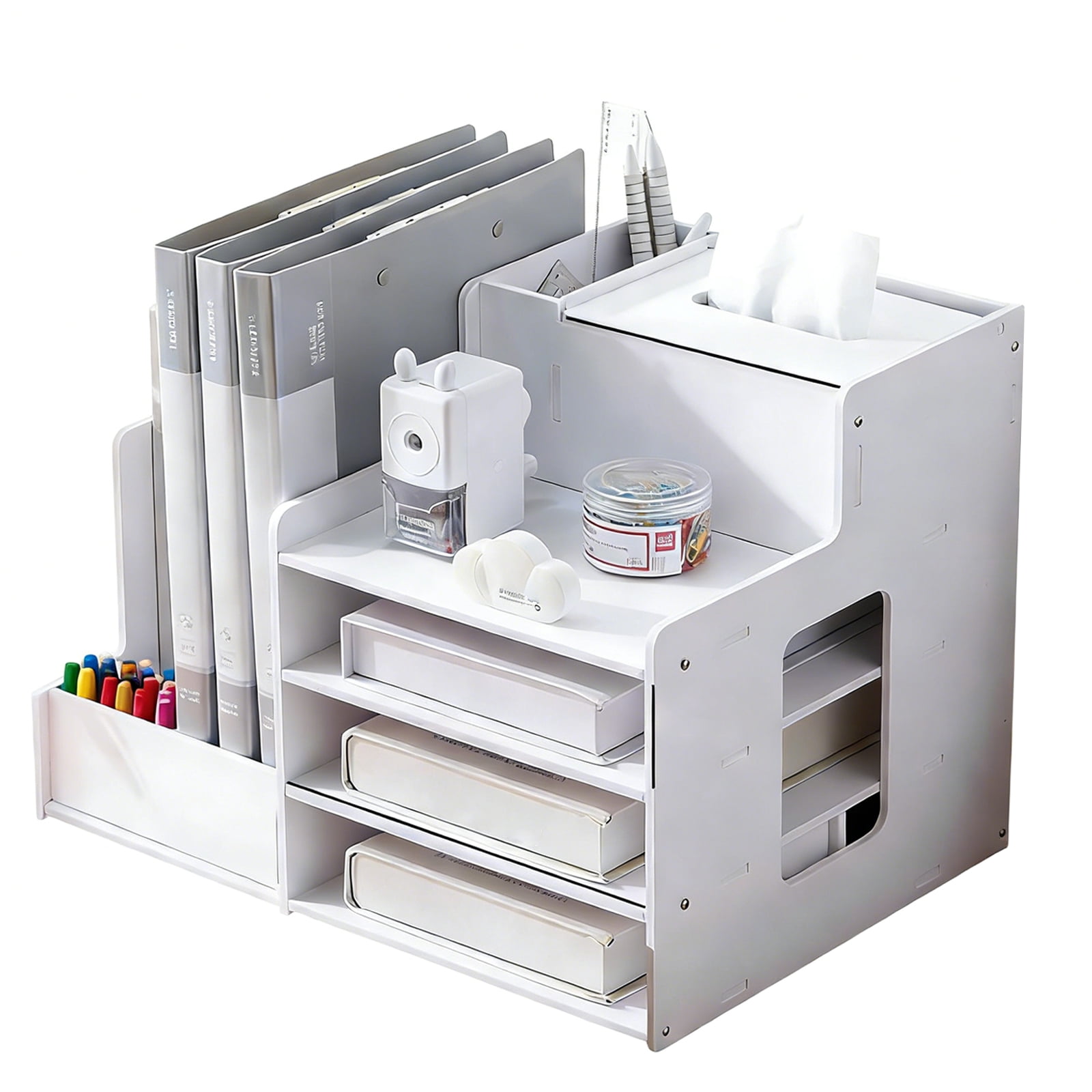 Arcticwind File Shelf,Storage Rack,Office Desktop Organizer, Multi-layer Folder Storage Box,Desktop Organization Gadget,Office Supplies Storage Rack,White, File Shelf with Tissue Box & Pen Holder