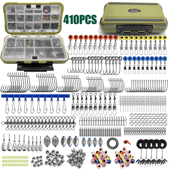 Arcticwind Fishing Accessories Kit, 410 PCS Hooks, Weights, Sinkers, Swivels, Snaps, Beads, Bobber Stops, for Saltwater & Freshwater Fishing, Tackle Box Included