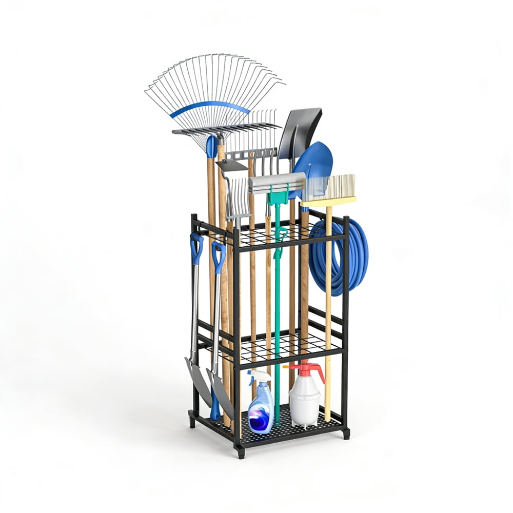 Arcticwind Garden Tool Organizer for Garage,Metal,Yard Tool Stand Holder Organizer for Long-Handled, Broom,Shovel,Rake,Sturdy Heavy Rack for Outdoor,Black,Sturdy Metal Steel Holder With 3 Hooks