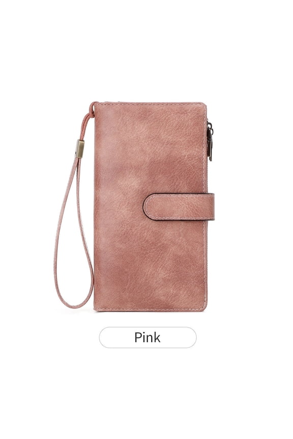 RFID Leather Long Womens Wallets, Wallets for Women, Tri-Fold/2 Zippers, Secure Large Capacity, Credit Card Holder with Multiple Card Slots, with ID Window Wallet, Pink