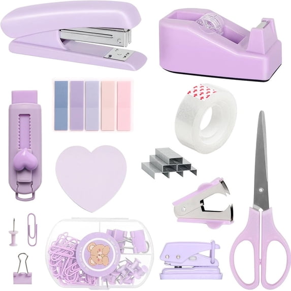 Arcticwind Stapler Set,Women's Office Supplies Set,Students' Cute Stationery Set,Office Supplies and Organizers,Staple Remover,Stapler,Tape,Staples,Clips, Scissor and Tabs & More,Purple