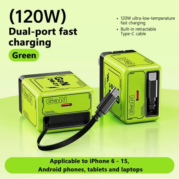 Arcticwind Upgraded 120W Wall Charger, GaN PD Fast Charger, Dual USB-C Foldable Plug Super Fast Charging Block with Retractable Type-C Cable, for iPhone 15/14/13, iPad, MacBook, Laptop, Green