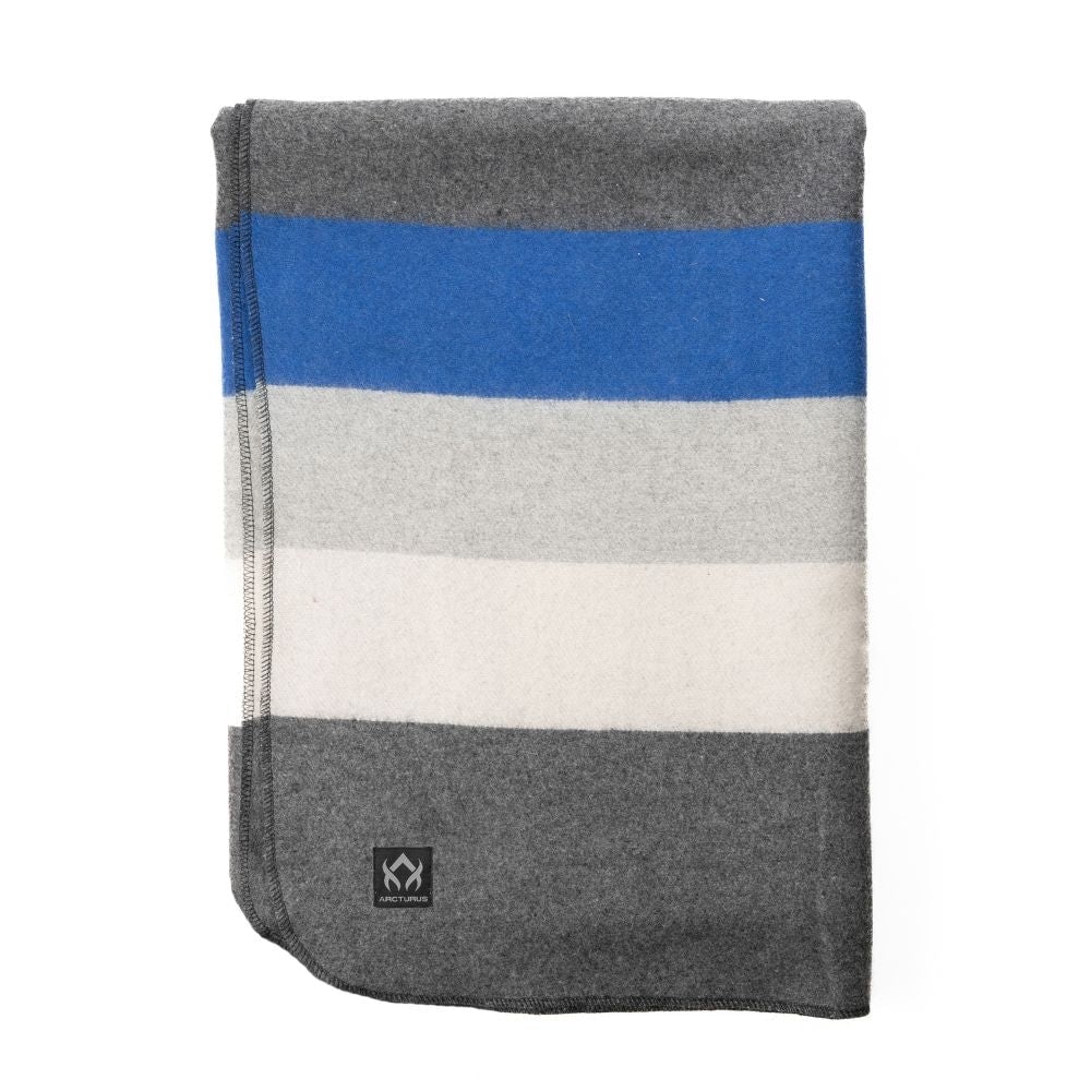 Arcturus Lake Washington Gray Wool Blanket with Blue and White Stripes