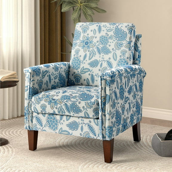 Arctus Floral Accent Chair, High Back Upholstered Armchair with Solid Legs, Blue Floral