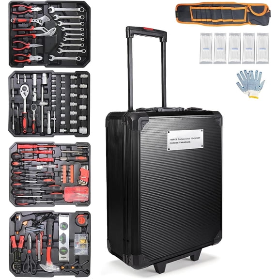 Arcwares 799pcs Aluminum Trolley Case Tool Set Silver, House Repair Kit Set, Household Hand Tool Set, with Tool Belt,Gift on Father's Day (Black)