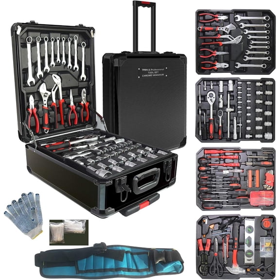 Arcwares 799pcs Aluminum Trolley Case Tool Set Silver, House Repair Kit Set, Household Hand Tool Set, with Tool Belt,Gift on Father's Day (Black)