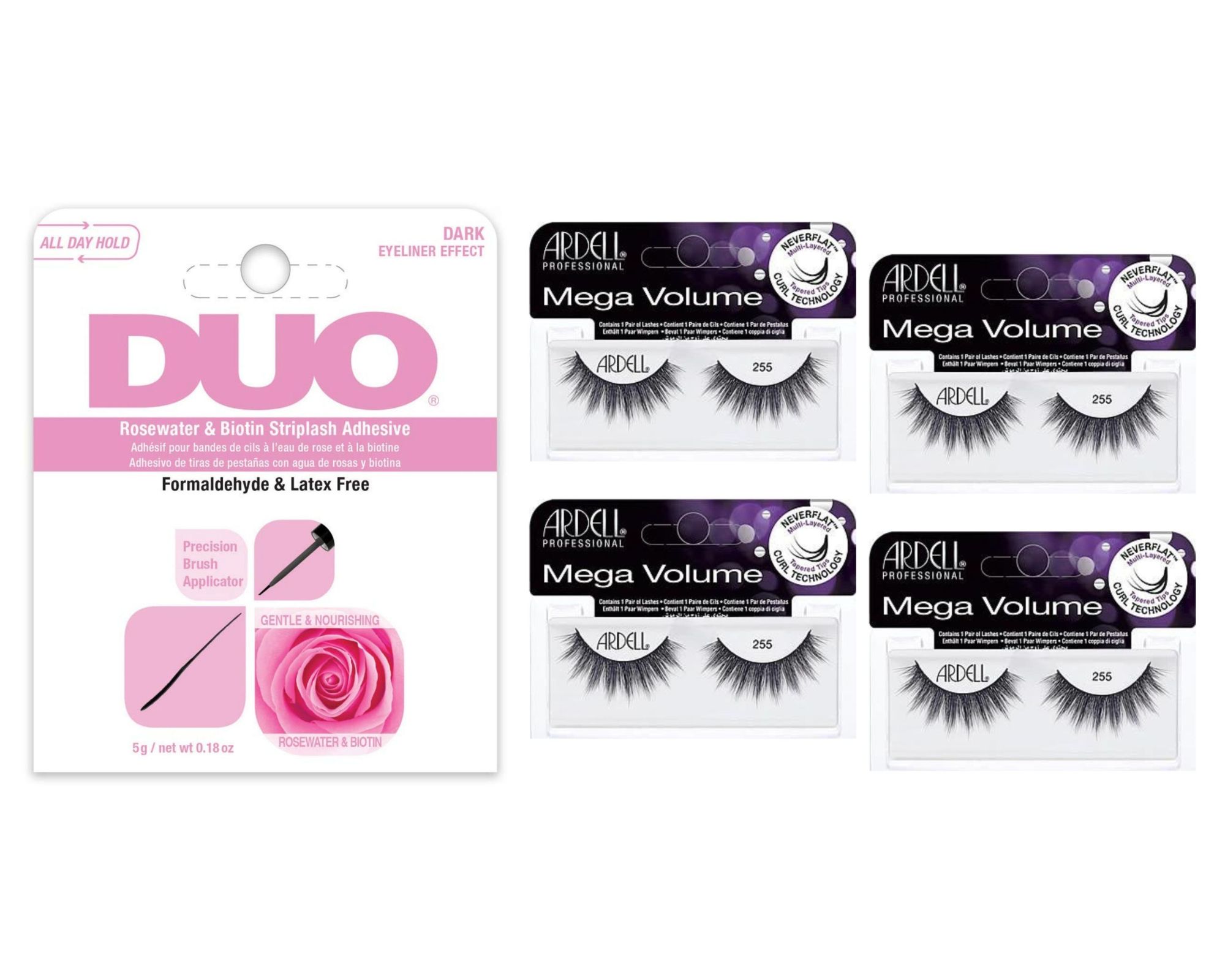 Ardell - 1 Pair Eyelashes - Mega Volume Style #255 (Pack of 4 ) with Biotin Dark Adhesive- Combo Pack