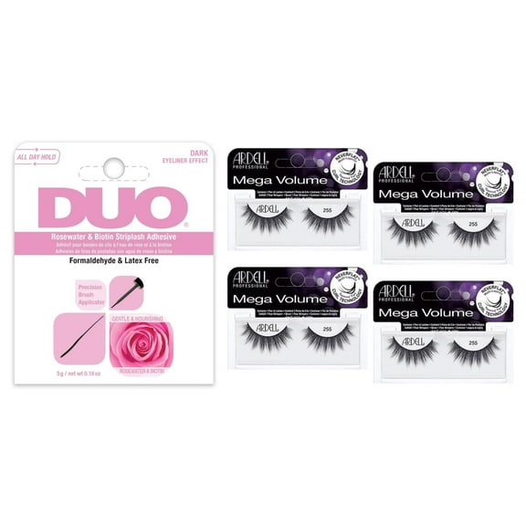 Ardell - 1 Pair Eyelashes - Mega Volume Style #255 (Pack of 4 ) with Biotin Dark Adhesive- Combo Pack