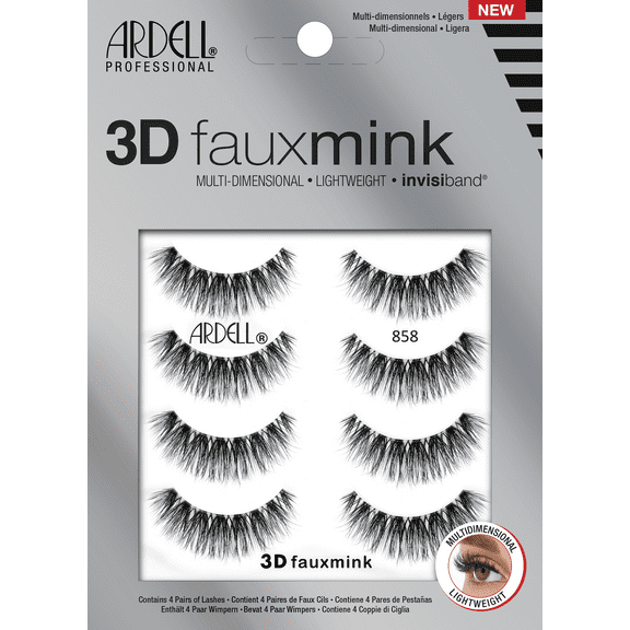 Ardell 3D Faux Mink False Eyelashes, 858, 4 Pairs, Black