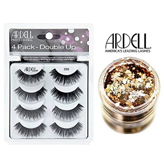 Ardell 4-PACK DOUBLE UP, 205 BLACK MULTIPACK LASHES, Contains 4 Pair of Eye Lashes (with bonus Skin/Hair GLITTER) (205 Black (Double Up))