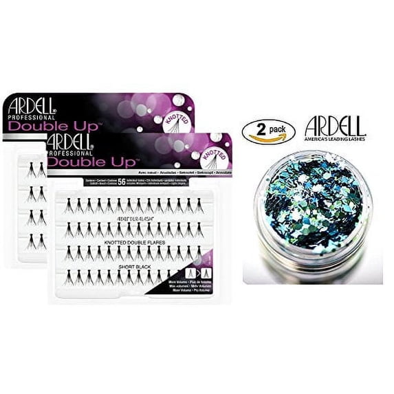 Ardell DOUBLE UP Duralash, KNOTTED DOUBLE FLARES, Short Black, Contains 56 Individual Lashes (2-PACK with bonus Skin/Hair Glitter) (FLARES KNOTTED - Short Black)