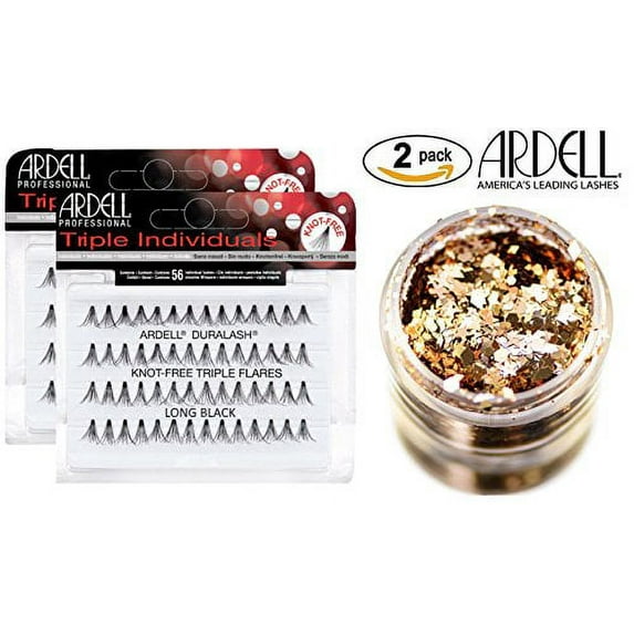 Ardell DURALASH TRIPLE INDIVIDUALS, KNOT-FREE TRIPLE FLARES, Long Black, Contains 56 Individual Lashes (2-PACK with bonus Skin/Hair GLITTER) (Triple Flares, Long (2-PACK))