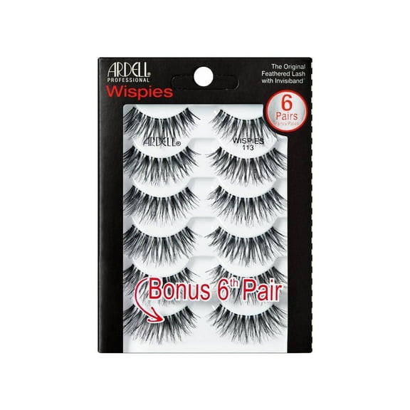 Ardell Wispies 113 Reusable False Eyelashes with Invisiband, Extra Long Wispy Lashes, 6 Pairs