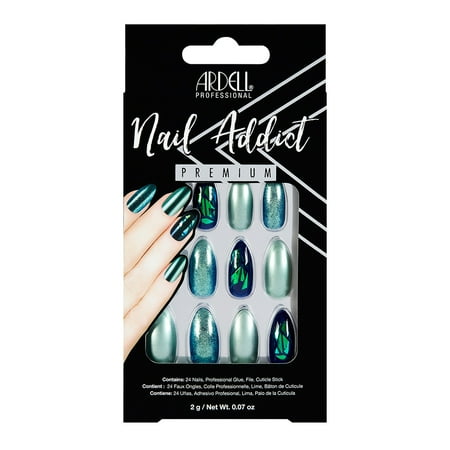 Ardell Nail Addict Artificial Nails, Fake Nails, Green Glitter Chrome, 24 Nails