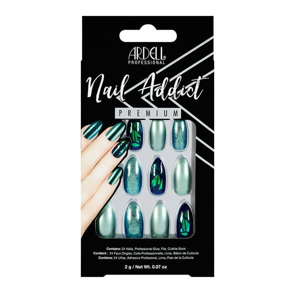 Ardell Nail Addict Artificial Nails, Fake Nails, Green Glitter Chrome, 24 Nails
