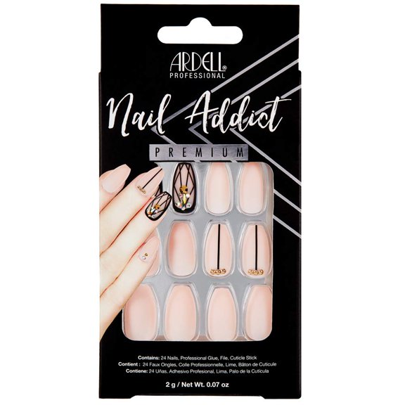 Ardell Nail Addict Premium Artificial Nail Set 24-Pc, Blush Geometric Crystals, Long-Length, Ballerina-Shape, DIY Press-On Nails, Quick and Easy to Use, with Glue, Cuticle Stick and Nail File ALT2