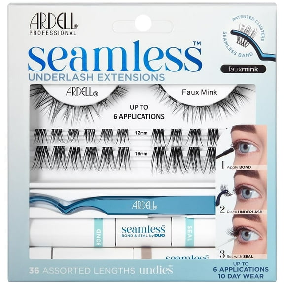 Ardell Seamless Eyelash Extension Kit, Faux Mink Lash Clusters with Clear Seal, Remover, and Applicator, 36 Count
