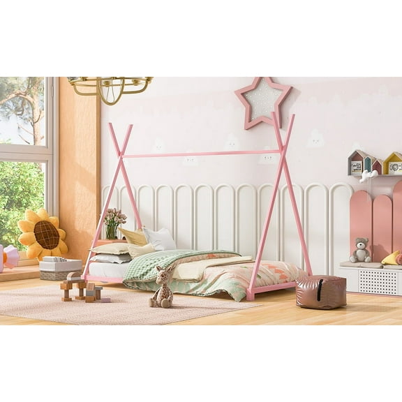 Ardelo Twin Size Platform Bed with Triangle Structure and Slats(Twin Pink)