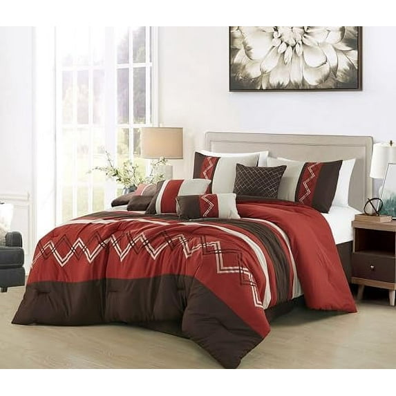 Arden 7-Piece Modern Pleated Stripe Embroidered Zigzag Bedding Comforter Set (Full Red/Black/Gray/Off-White)