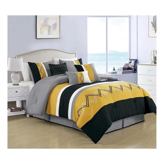 Arden 7-Piece Modern Pleated Stripe Embroidered Zigzag Bedding Comforter Set (Full, Turmeric/Black/Silver Gray/White)