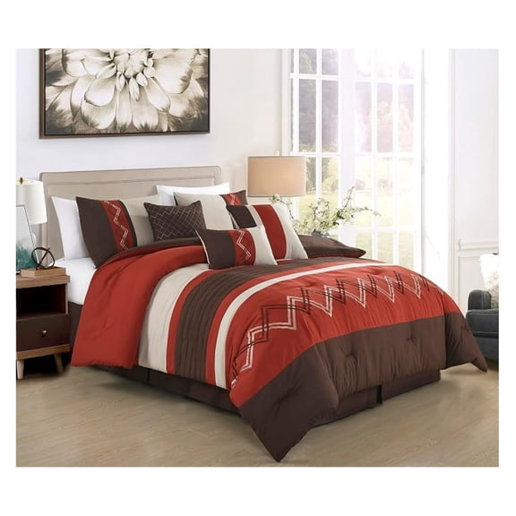 Arden 7-Piece Modern Pleated Stripe Embroidered Zigzag Bedding Comforter Set (King, Spice/Brown/Coffee Cream)
