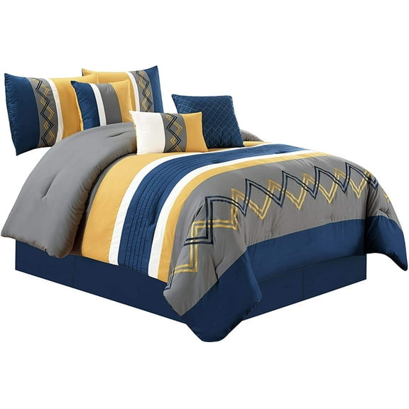 Arden 7-Piece Modern Pleated Stripe Embroidered Zigzag Bedding Comforter Set (Queen, Navy/Gray/Yellow/White)