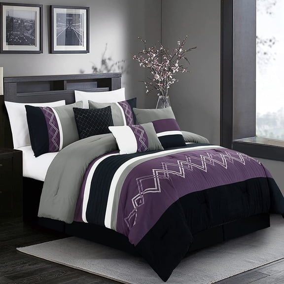 Arden 7-Piece Modern Pleated Stripe Embroidered Zigzag Bedding Comforter Set (Queen, Purple/Black/Gray/White)