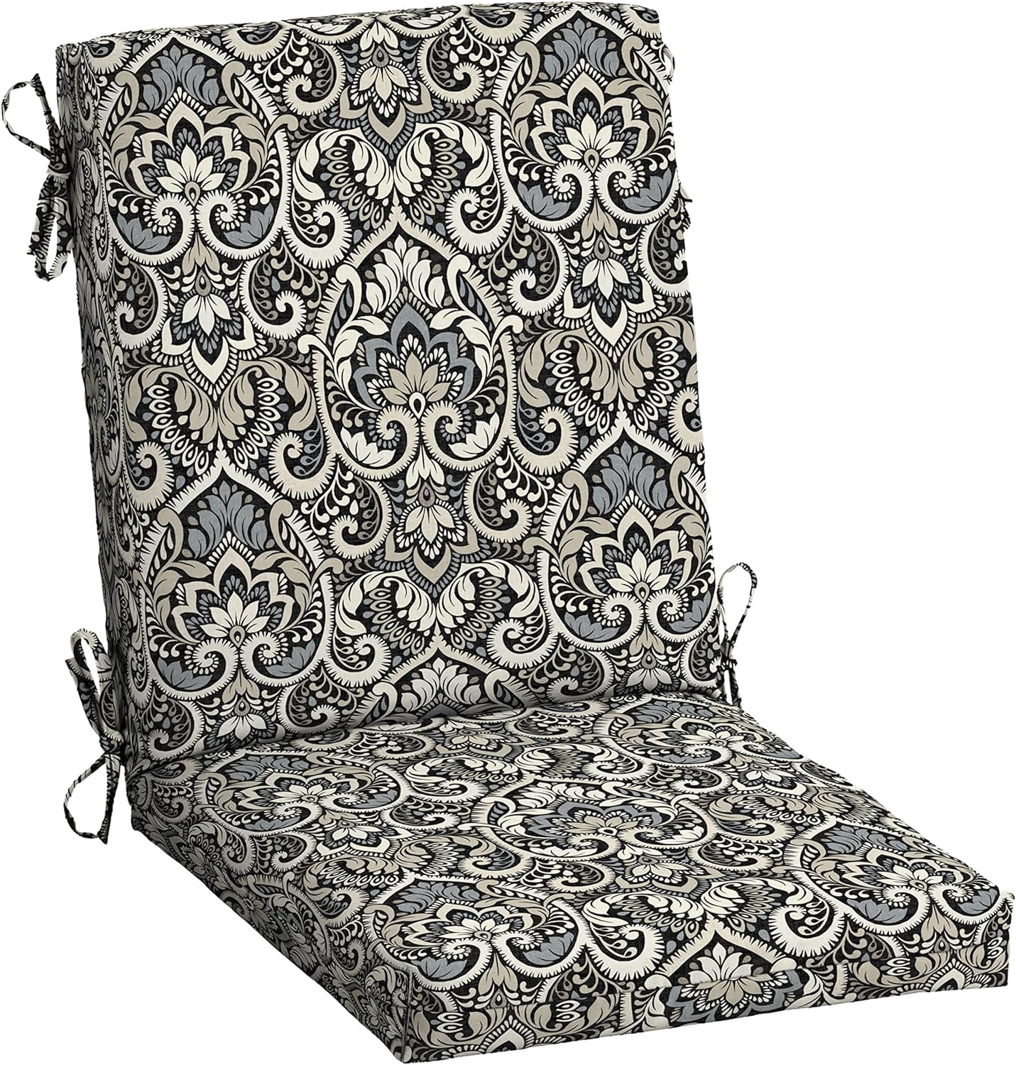 Arden Outdoor Patio Dining Chair Cushion, 20x44, Rain-Proof Seat Pad, Fade-Resistant Outdoor Cushion Black Aurora Damask