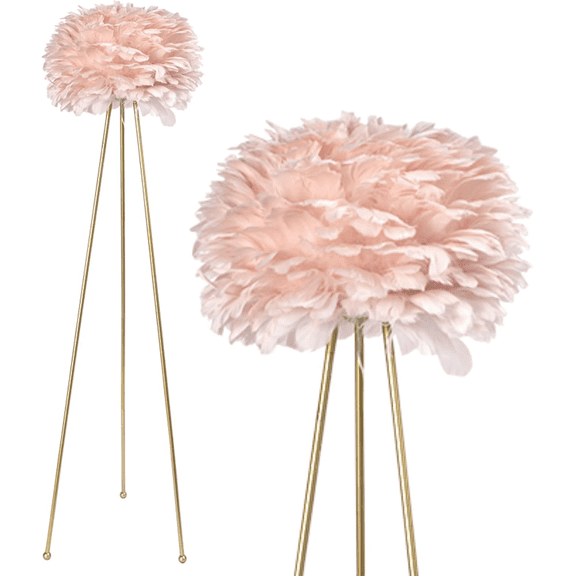 Ardescere 60 Inch Tripod Floor Lamp, Polished Gold Metal Stand with Handcrafted Pink Feather Shade, Romantic Standing Light for Bedroom Living Room Hotel