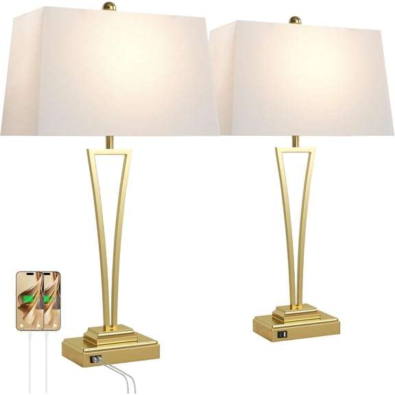 Ardescere Set of 2, 30.5 inch Modern Gold Metal Table Lamps, Usb-c & Usb Charging Ports, White Rectangular Shade for Bedroom Living Room, Bulbs Not Included