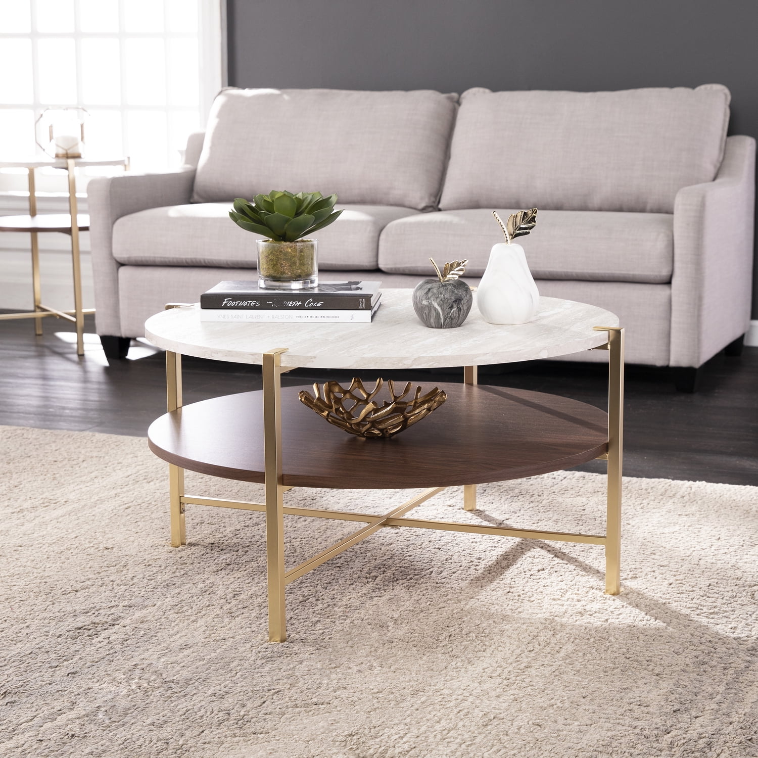 Round Brass and Dark Tobacco Faux Marble Coffee Table with Storage