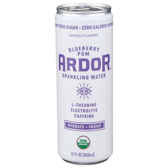 ARDOR ENERGY Sparkling Water with 100mg Caffeine & 200mg L-Theanine from Organic Green Tea for Smooth Energy & Focus | No Sugar, 0 Calories | Vegan, Gluten-Free | Blueberry Pom, 12ct