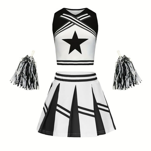 Ardorlove Girl's Cheerleading Team Uniform Costume Outfit Sleeveless Crop Tops with Pleated Skirt and 2 Flower Balls Set