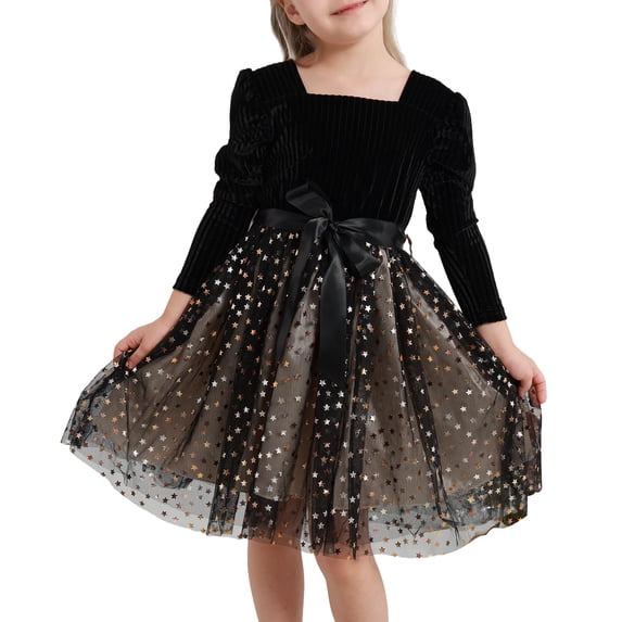 Ardorlove Kids Girls Long Sleeve Velvet Tulle Dress Square Neck Tutu Princess Dress for Wedding Birthday Commemorative Day Party