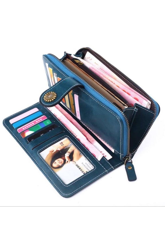Women's Vintage Long Wallet Clutch with Wristlet Strap, RFID Blocking Card Holder Organizer for Ladies