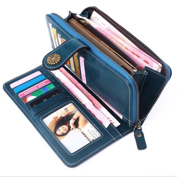 Women's Vintage Long Wallet Clutch with Wristlet Strap, RFID Blocking Card Holder Organizer for Ladies