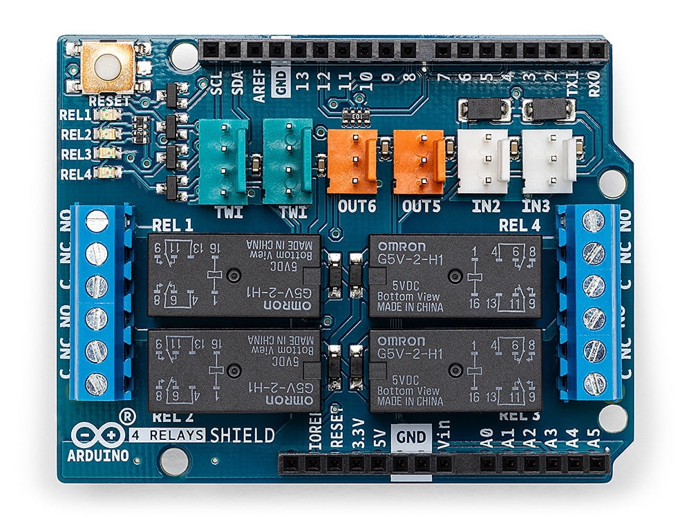 Arduino A000110 4 Relays Shield  allows driving high power loads.
