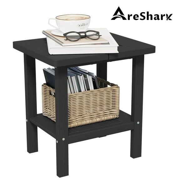 AreShark 2-Tier Outside Adirondack Side Table, Weather Resistant Square Outdoor Side Tables, Outdoor End Table for Backyard Pool Indoor Companion Front Porch, Black